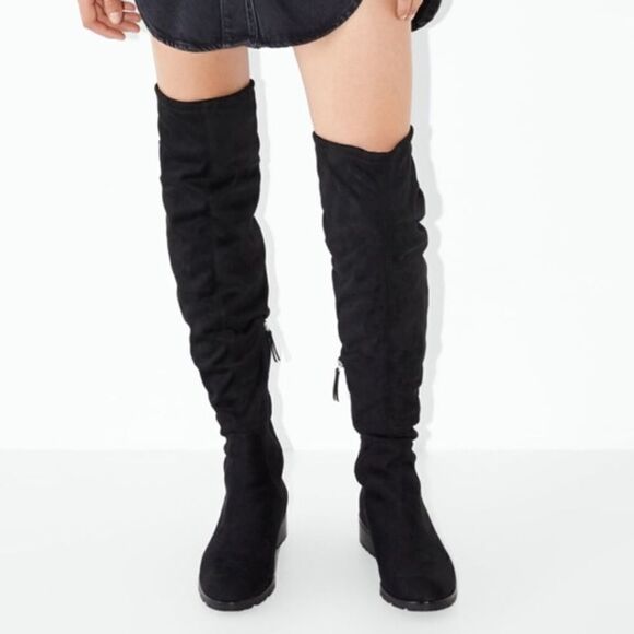 ZARA Black Faux Suede Fur Lined Low Heel Over The Knee Boot Size 40 - Picture 3 of 14